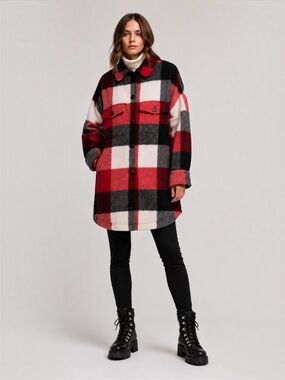 Woolrich Archive Pattern Buffalo Plaid Wool Blend Oversized Shacket Coat XS Red